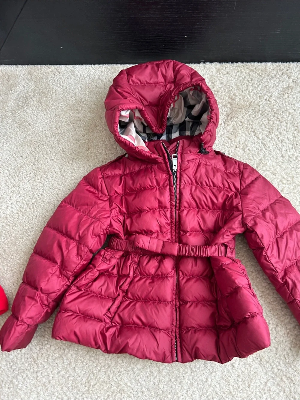 Burberry Kids Maroon Hooded Puffer Coat with Signature Check Lining